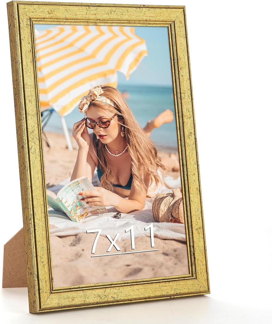 Wood 7x11 Frame Gold, Ornate Natural Wooden 11x7in Picture Frames, Modern Golden 7 x 11inch Gallery Photo Pic Frame with HD Plexiglass, Horizontal Vertical Wall Mounting Tabletop Display 1Pcs