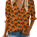 Roshop Valentines Blouses Women's Dressy Tops Smocked Sleeve Deep V Neck Cute Heart Blouse (Black Pumpkin, Small)