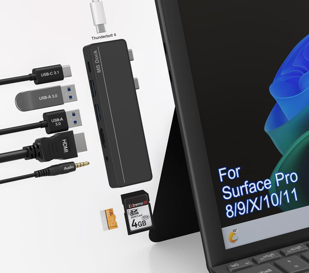 Surface Pro 8/9/X/10 Dongle - Surface Pro 9 Adapter with 4K HDMI, Thunderbolt 4 (8K@30Hz Video+40G Data+100W PD), USB 3.0, SD/TF Reader, 3.5mm Audio Surface Pro 9 Docking Station Hub