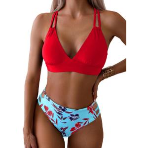 Tainehs Women's Push Up V Neck Bikini Sets Criss Cross Back Two Piece Bathing Suit (Medium, Red Floral)