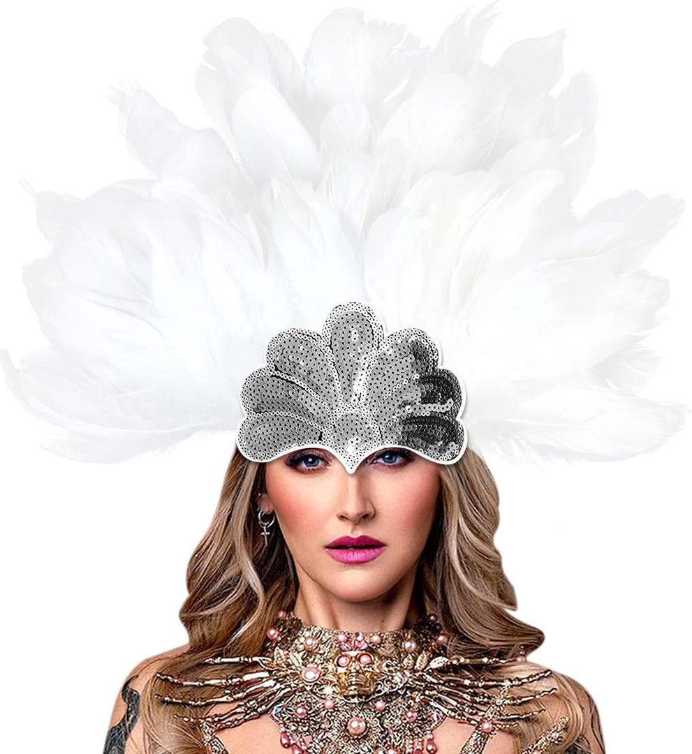 HOMELEX Women's Black Feather Headpiece Carnival Caribbean Headdress Showgirl Accessories (White-1)