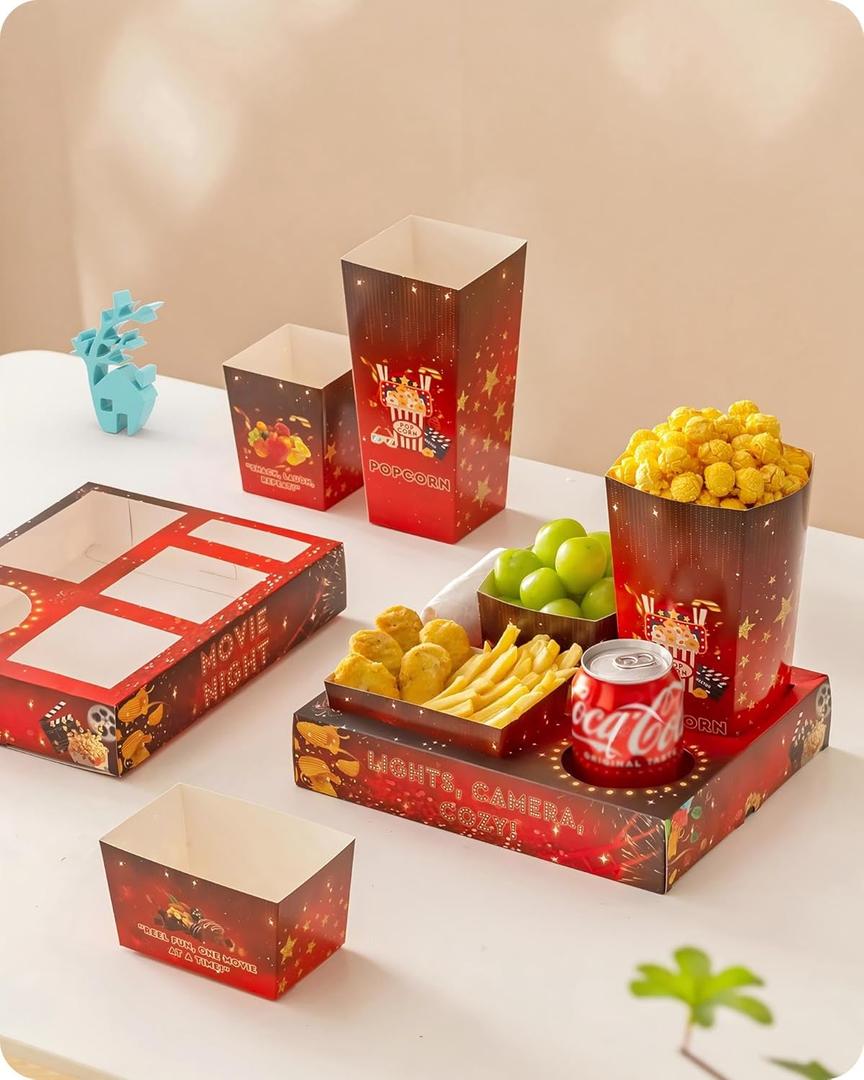 Baffect Movie Night Snack Trays 100pcs Include 20 Movie Night Trays, 20 Popcorn Boxes, 20 Salad Bowls, 20 Nacho Bowls, 20 Movie Party Invitations, Outdoor Movie Night Supplies For Nacho Bar