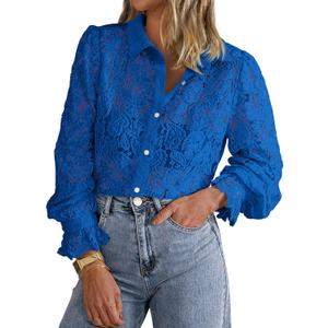 BTFBM Long Sleeve Lace Blouses for Women 2024 Fall Dressy Casual Button Down Shirts Date Night Outfit Club Party Tops (Blue, S)