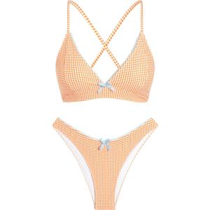 ZAFUL Women's V Neck Bikini Set High Waisted Swimsuits Lace Up Bow Decor Cheeky Two Piece Bathing Suit (Orange, M)