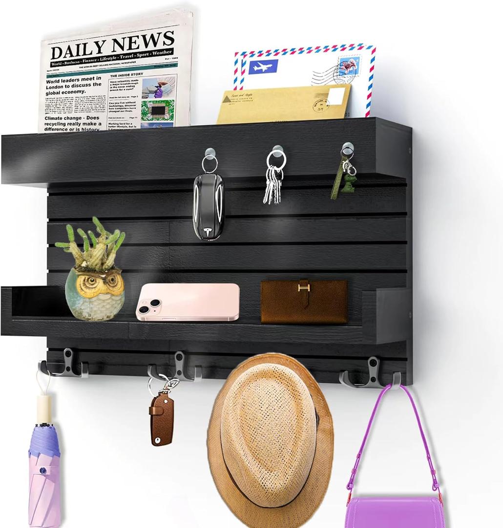 HYPOSFEE Key Holder for Wall - Stylish Wall Shelf with Hooks, 4 Rustic Key Hooks for Wooden Mail Organizer with Shelf, Perfect Entryway Storage for Keys, Letters & Small Items