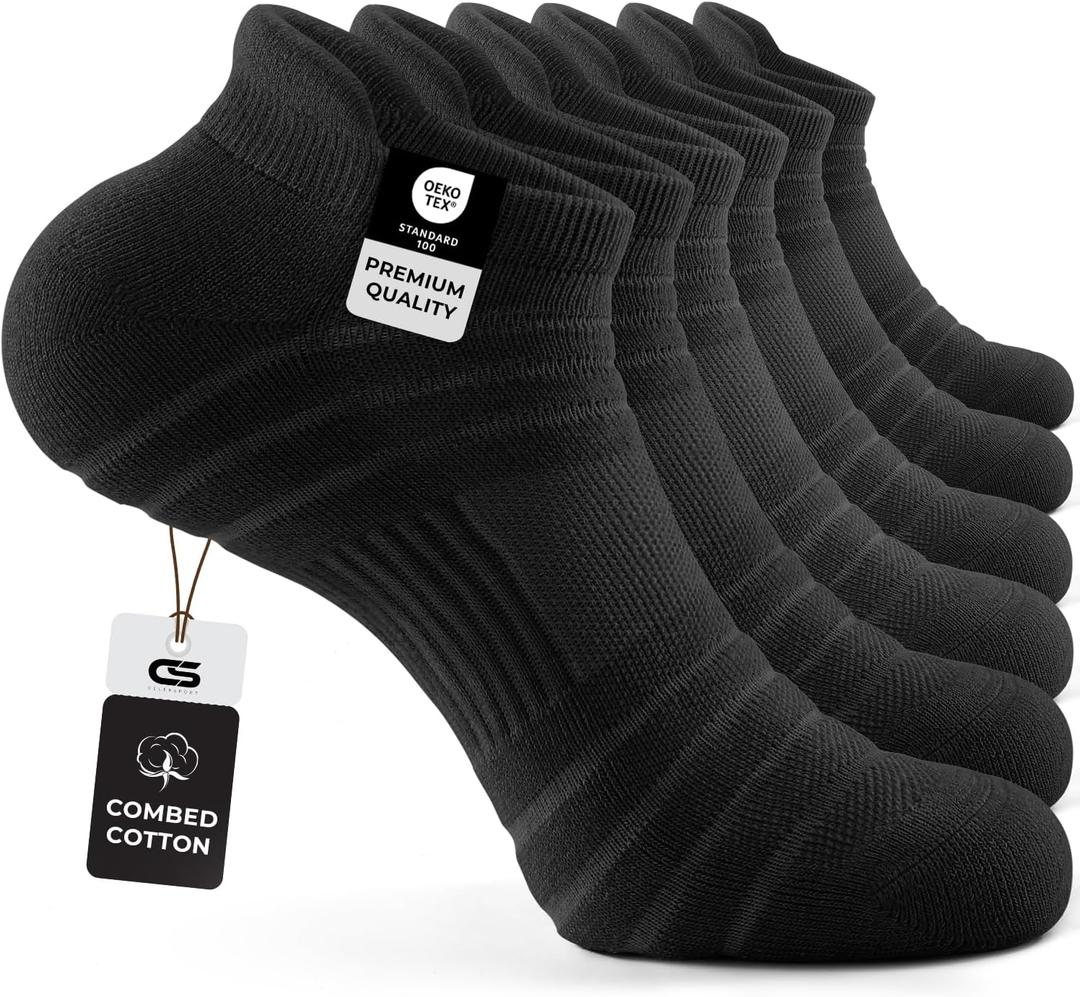 CS CELERSPORT 6 Pack Athletic Running Ankle Socks, Cotton Low Cut Cushioned Anti-Blister Tab Sports Socks Men Women (Black, L)