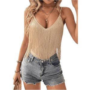 SweatyRocks Women's Fringe Sleeveless Boho Tassel Tank Top Slim Fit Cami Summer Tops (X-Large, Apricot)
