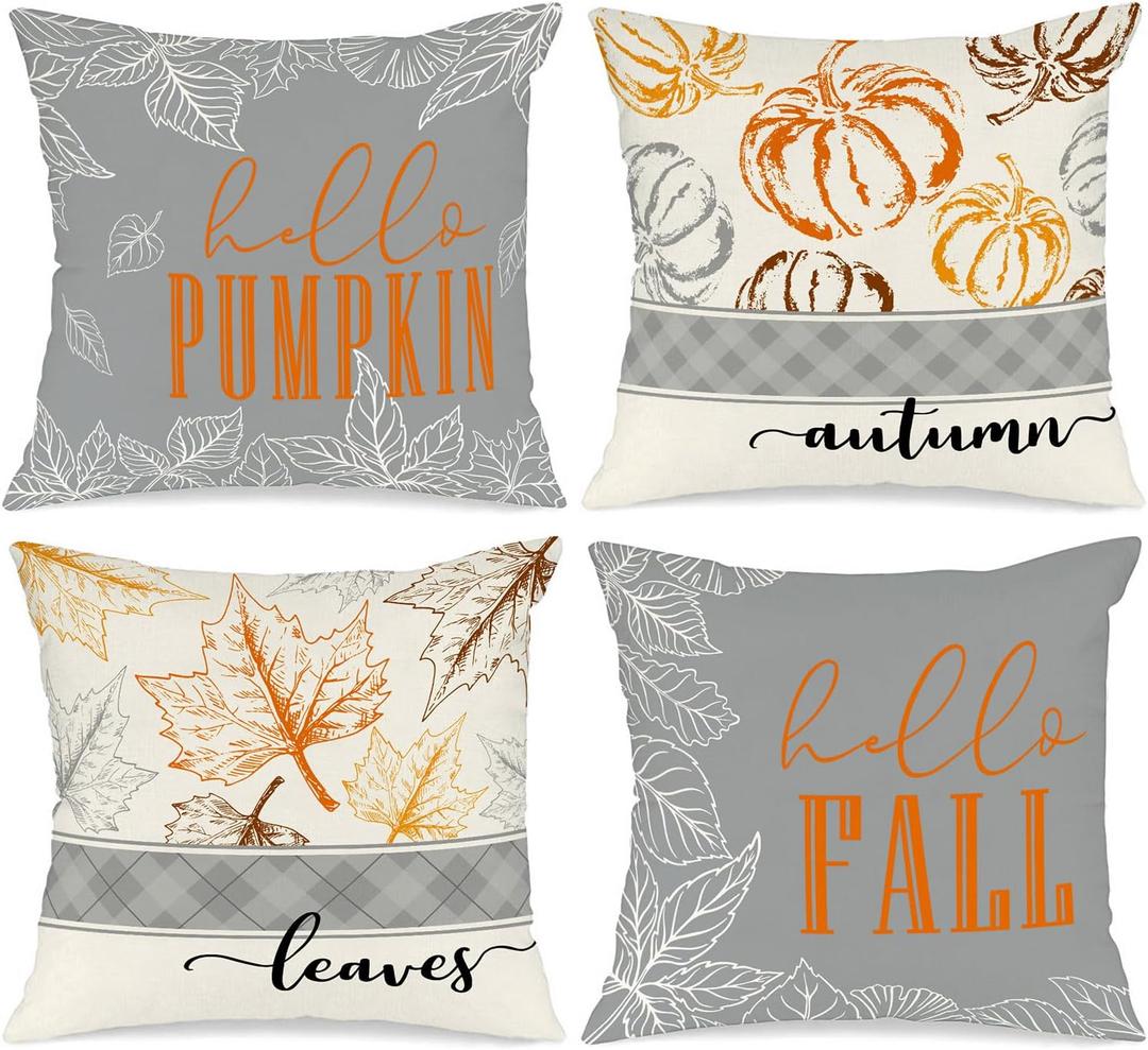 Ywlake 18x18 Fall Pillow Covers Set of 4, Hello Pumpkin Decorative Holiday 18 x 18 Autumn Cushion Covers Thanksgiving Pillow Case for Indoor Home Bedroom Couch Sofa Decor Grey