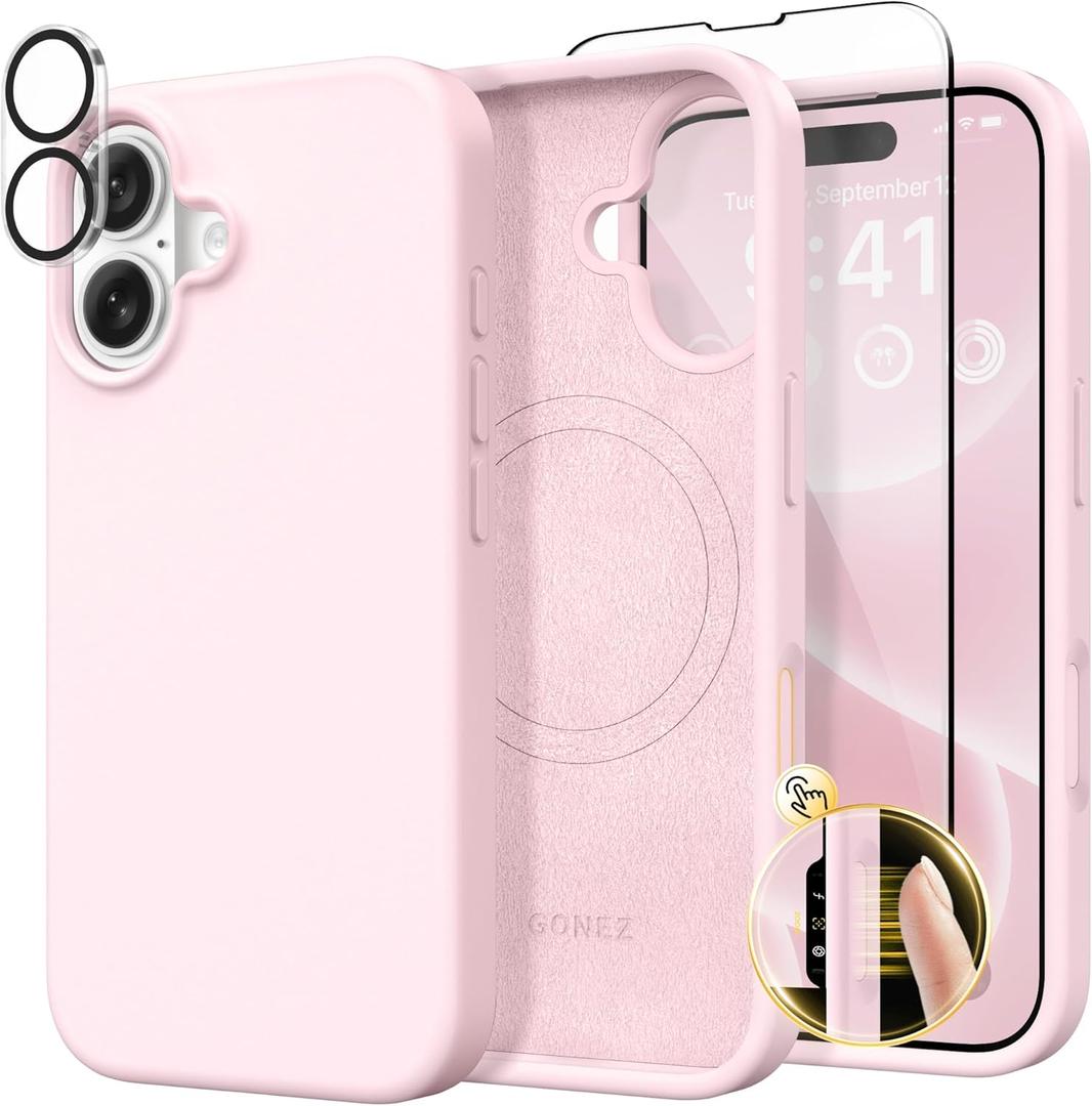GONEZ Magnetic for iPhone 16 Case, Compatible with MagSafe, [Screen Protector + Camera Lens Protector], Liquid Silicone Shockproof Protective Phone Case for iPhone 16 6.1", Chalk Pink