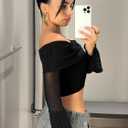 WDIRARA Women's Off Shoulder Buckle Mesh Insert Top Flare Long Sleeve Crop Blouse (Black, XS)