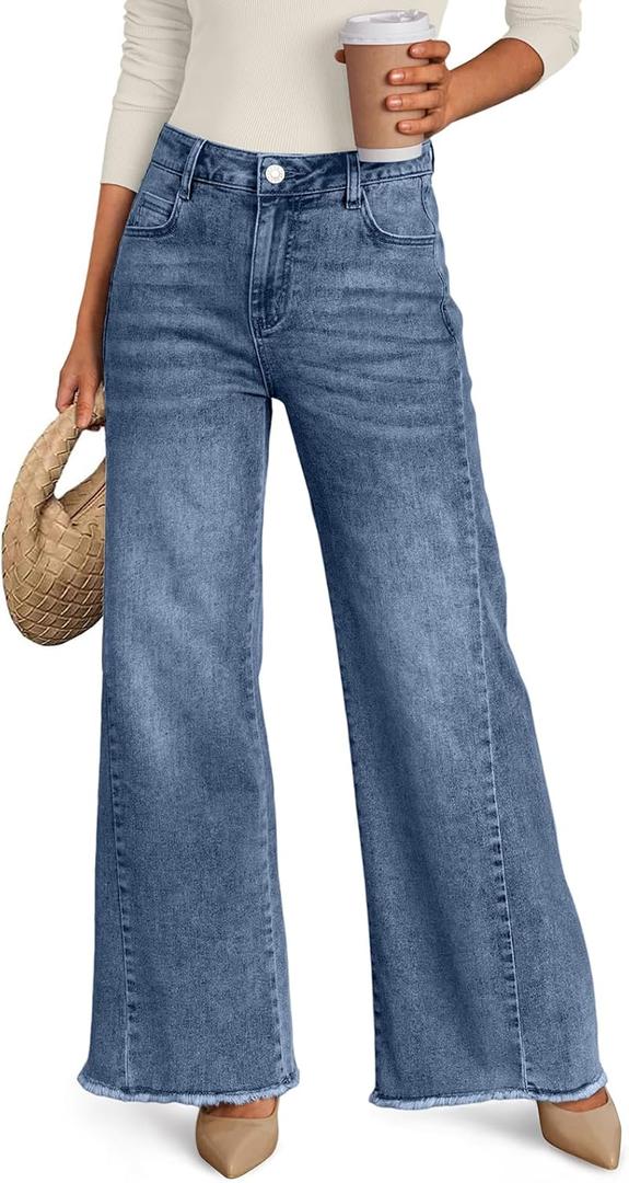 Trendy Queen Women's Wide Leg Jeans, Relaxed Loose Straight Leg with Raw Hem, Comfort Denim Pants, Blue 14