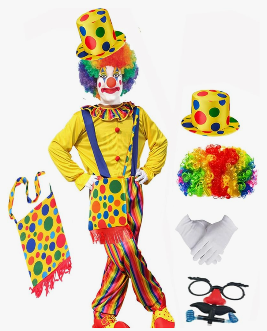 7pcs Clown Costume Set, Jumpsuit with Wig Bag Hat Gloves Glasses Holloween Adult Teens Clown Outfit Party Dress up L