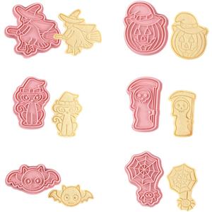Guowall 6pcs Halloween Cookie Cutters With Plunger Stamps Set 3D Cookie Stamps Funny Cartoon Biscuit Cutter for Baking Supplies