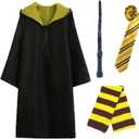Kitimi Wizard Costume Cosplay Set, Wizard Cloak Robe for Adults Teens, Wizarding Halloween Costume Accessories for Party (X-Large, Yellow)