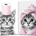 XLMDYYSW Funny Cat Bathroom Wall Art 2pc Black and White Picture Animal Toilet Paper Canvas Prints Cute Cat with Bathrobe Paintings for Restroom Decor Framed (Pink, 16.00" x 24.00" x 2PCS)