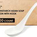 [600 COUNT] HAKOWARE Disposable Asian Soup Spoons with Hook, Plastic-Free Heavy Duty Spoons, made from Crystalized Cornstarch, for Take-out Ramen Pho Noodles (6.5 inch)