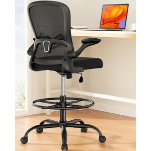 ErGear Drafting Chair, Standing Desk Chair with Flip-Up Armrests, High Desk Chair Adjustable Height, Ergonomic Tall Office Chair with Lumbar Support and Adjustable Footrest Ring (Black)