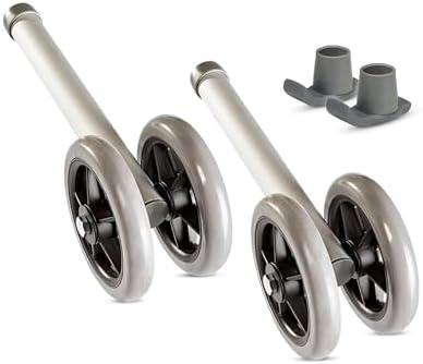 Heavy Duty Bariatric Walker Wheels Pair, Universal Replacement Wheel Kit for Walkers with Free Walker Glides Accessories Double 5" Wheels with Glide Tips 1/pr By Healthline Trading