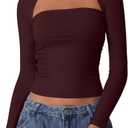 QINSEN Long Sleeve Square Neck Tops for Women Double Lined Side Ruching Going Out Shirts Basic Tee (X-Large, Burgundy)