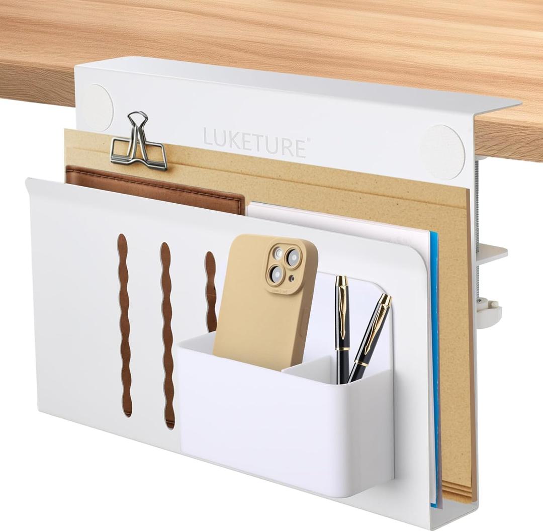 LUKETURE Laptop Holder, Steel Desk Side Storage, No Drill Standing Desk Accessories, Laptop Mount with Pen Holder, Back to School Supplies, Fits Flat Edge Tables 0.3" to 2.8" (White, M(1 Tier))