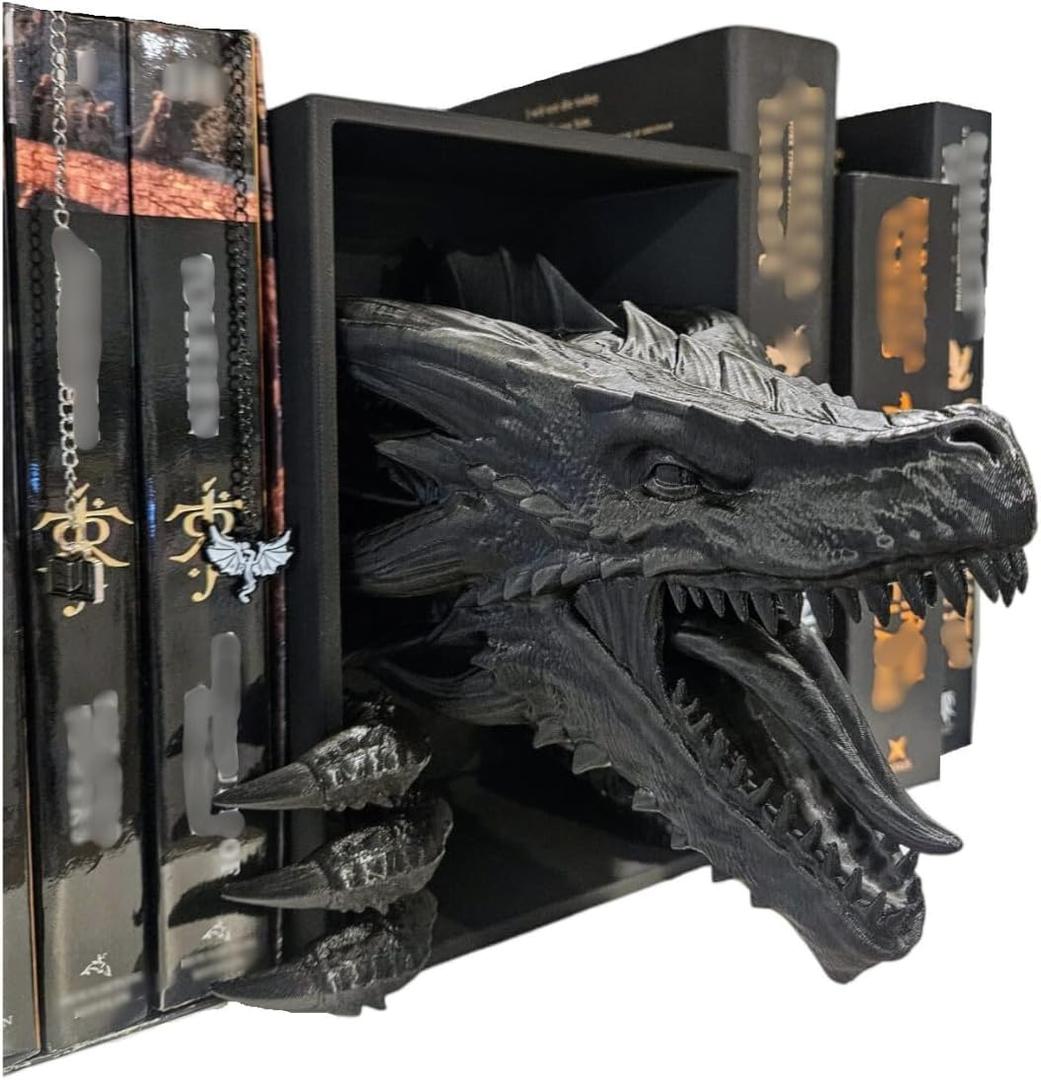 Dragons Awakening Book End Fantasy Book Nook Insert for Dragon Readers Unique Home Decor for Bookshelves & Libraries (Black - 2 Arms)