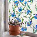 3D Stained Glass Window Film, Decorative Window Privacy Film for Bathroom,Front Door,Home, Sun Blocking Heat Control,Static Cling, Blue Eustoma 23.6inch x 35.4inch