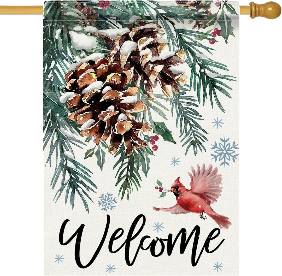 Welcome Winter Pine Cone Decorative House Flag, Christmas Pine Needle Branches Cardinal Red Bird Garden Yard Outside Decorations, Seasonal Burlap Outdoor Large Home Decor Double Sided 28 x 40