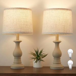 Vintage Table Lamp for Living Room Bedroom, 18.5" Farmhouse Bedside Lamps Nightstand Lamp Set of 2, Table Lamps with Oatmeal Linen Lamp Shades, 2 LED Bulbs Included, White Stripe
