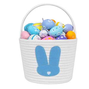 CubesLand Easter Basket for Kids Boys and Girls, Adorable Bunny Basket for Easter Egg Hunts, Soft & Safe Babys First Easter Basket, Sturdy Cotton Rope Empty Gift Basket, Festive Dcor, Large (Blue)