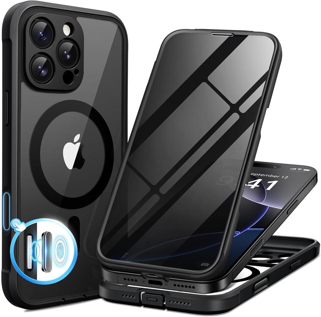 BERFY for iPhone 16 Pro Max Case, Compatible with MagSafe, Built-in Privacy Screen Protector, Camera Protection, Shockproof Full Body Phone Case 6.9", Clear Black