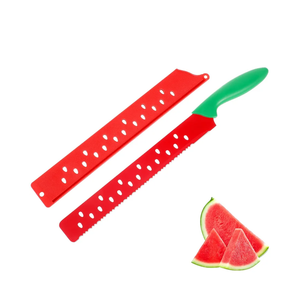 DECHOUS Watermelon Knife with Sleeve: Long Serrated Watermelon Knife for Melon Cutting - Kitchen Fruit Melon Cutter Slicer for Home Summer Party Fruit Serving (Red Green)