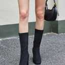 Juliet Holy Womens Mid-calf Boots Chunky Stacked Heel Square Toe Side Zipper Slip-on Suede Winter Booties (Black)