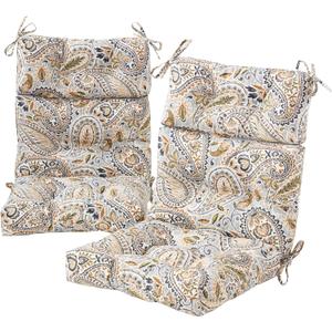 Outdoor Tufted High-Back Chair Cushions, One-Piece Hinged Seat and Back Design, Reversible with 4 Ties, Durable Polyester Fabric, Recycled Fiber Fill - Set of 2, Arctic Paisley