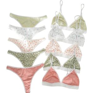 BEAUDRM Women's 5 Sets Matching Bra and Panty Set Polka Dots Print Lingerie Set Triangle Bralettes and Low Rise Thong Set, XS