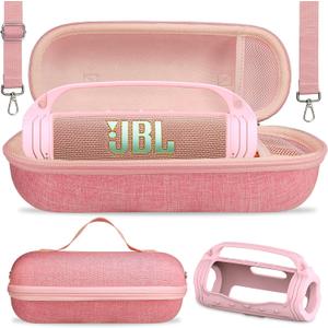 JCHPINE Silicone Cover and Hard Carrying Case for JBL Flip 7 Portable Speaker, Carrier Accessories for JBL Flip 7 Silicone Case with Handle and Shoulder Strap (Pink)