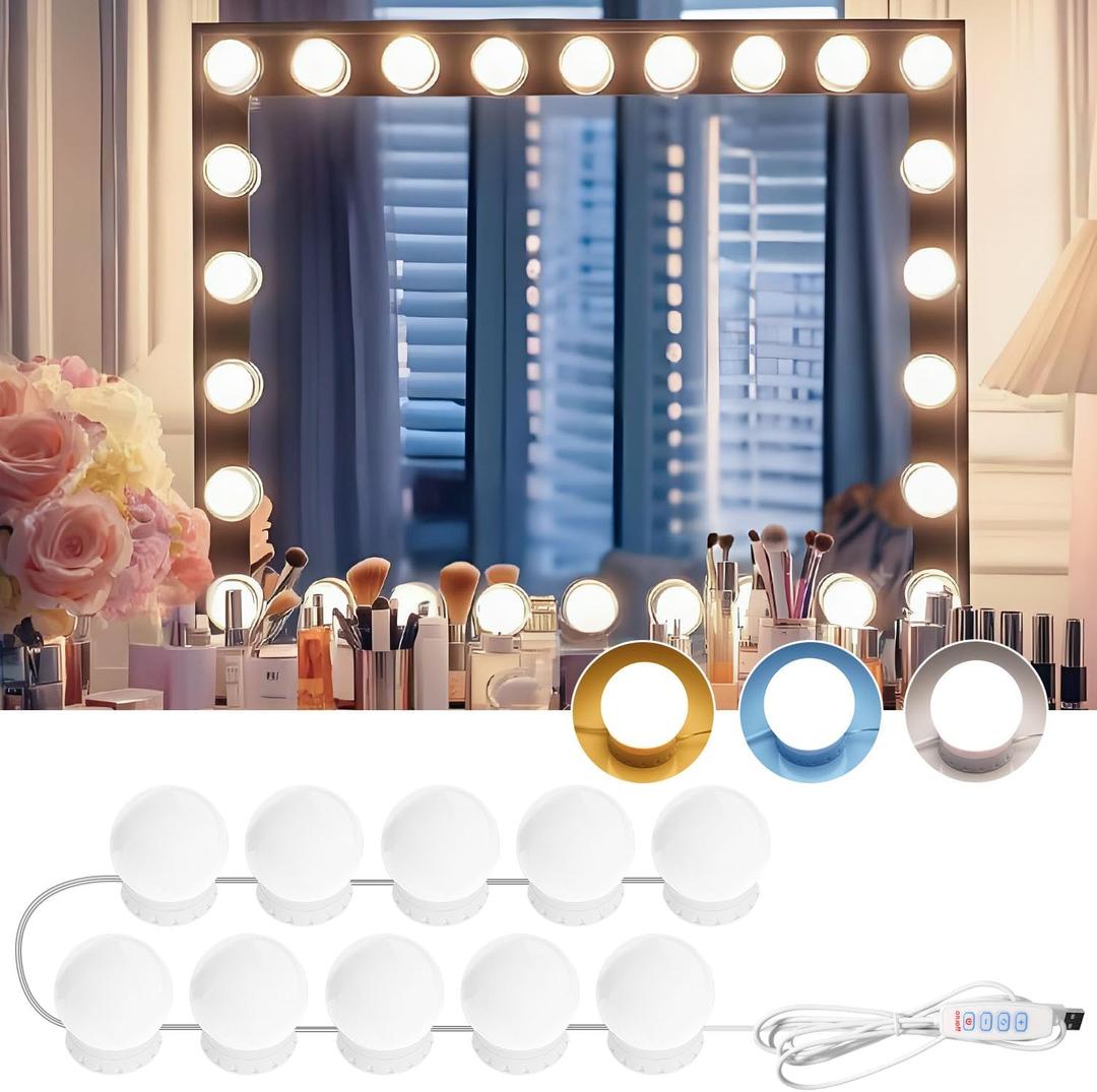 LED Vanity Lights for Mirror, Consciot Hollywood Style with 10 Dimmable Bulbs, Adjustable Color & Brightness, USB Cable, Stick on for Makeup Table Dressing Room Mirror