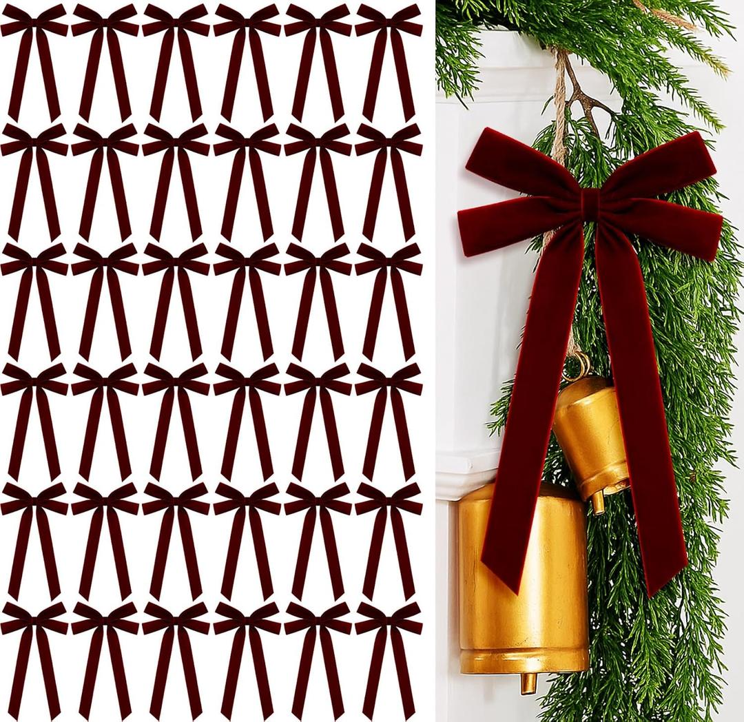 36 Pcs Burgundy Velvet Ribbon Bows 5.1 x 10.2 in Pre Tied Christmas Velvet Bows Christmas Tree Decorations Gift Packaging Bow for Xmas Wreath, Garland, Staircase, Home Outdoor Decoration