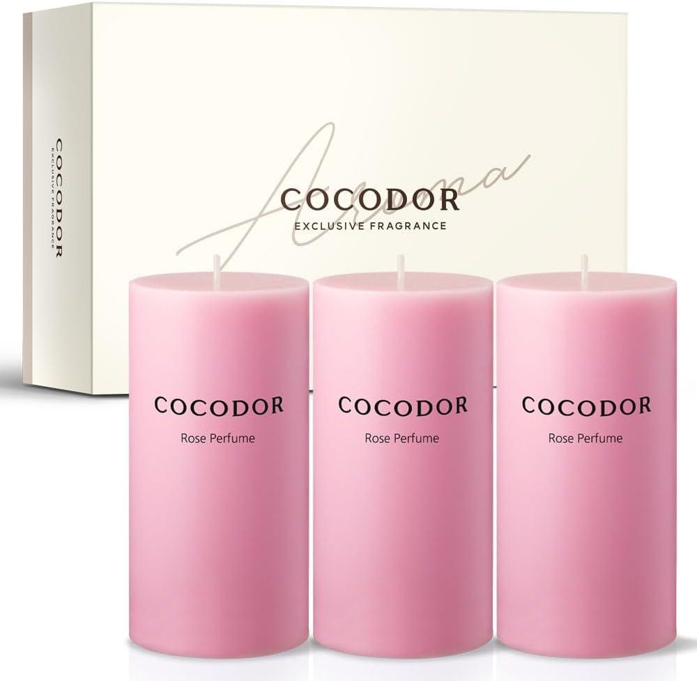 COCODOR Scented Pillar Candles, 3x6 Inch, Rose Perfume, Candle Set of 3, Long Buring 85 Hours, Candles for Weddings, Party, Dinner, Home Decor 