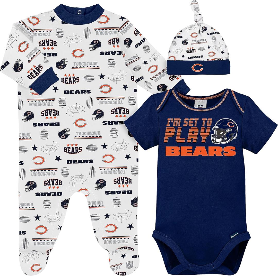 Gerber NFL Baby Boys' 3-Piece Bodysuit, Sleep 'n Play, & Cap Set (Team Bears)