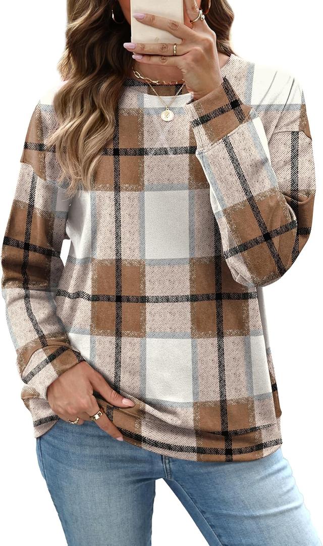 RUMIA Women's Crew Neck Sweatshirt Loose Pullover Long Sleeve Shirts Soft Tops for Women Fall Clothes 2025 (Medium, Beige Plaid)