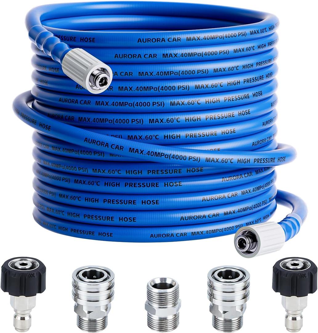 Pressure Washer Hose 50 FT x 1/4"Kink Resistant Power Washer Hose with M22-14mm and 3/8" Quick Connection Kit4000 PSI Replacement Power Washer Hose for Electric & Gas