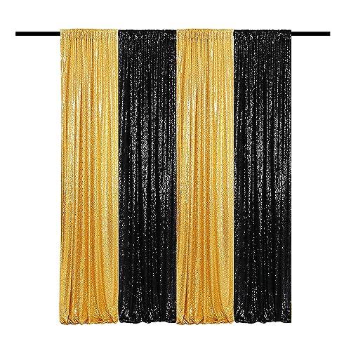 TCBESTO Black Gold Sequin Backdrop Curtain 4 Panels 2FTx8FT Glitter Background Drapes Sparkle Photography Backdrop for Party Wedding Birthday Wall Decoration