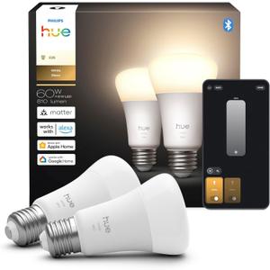 Philips Hue Smart LED A19 Bulb, Warm White Light 2700K, E26 Base, 10.5W, 1100 Lumens, Dimmable, Works with Alexa, Google Assistant, and Apple Home, 2 Pack