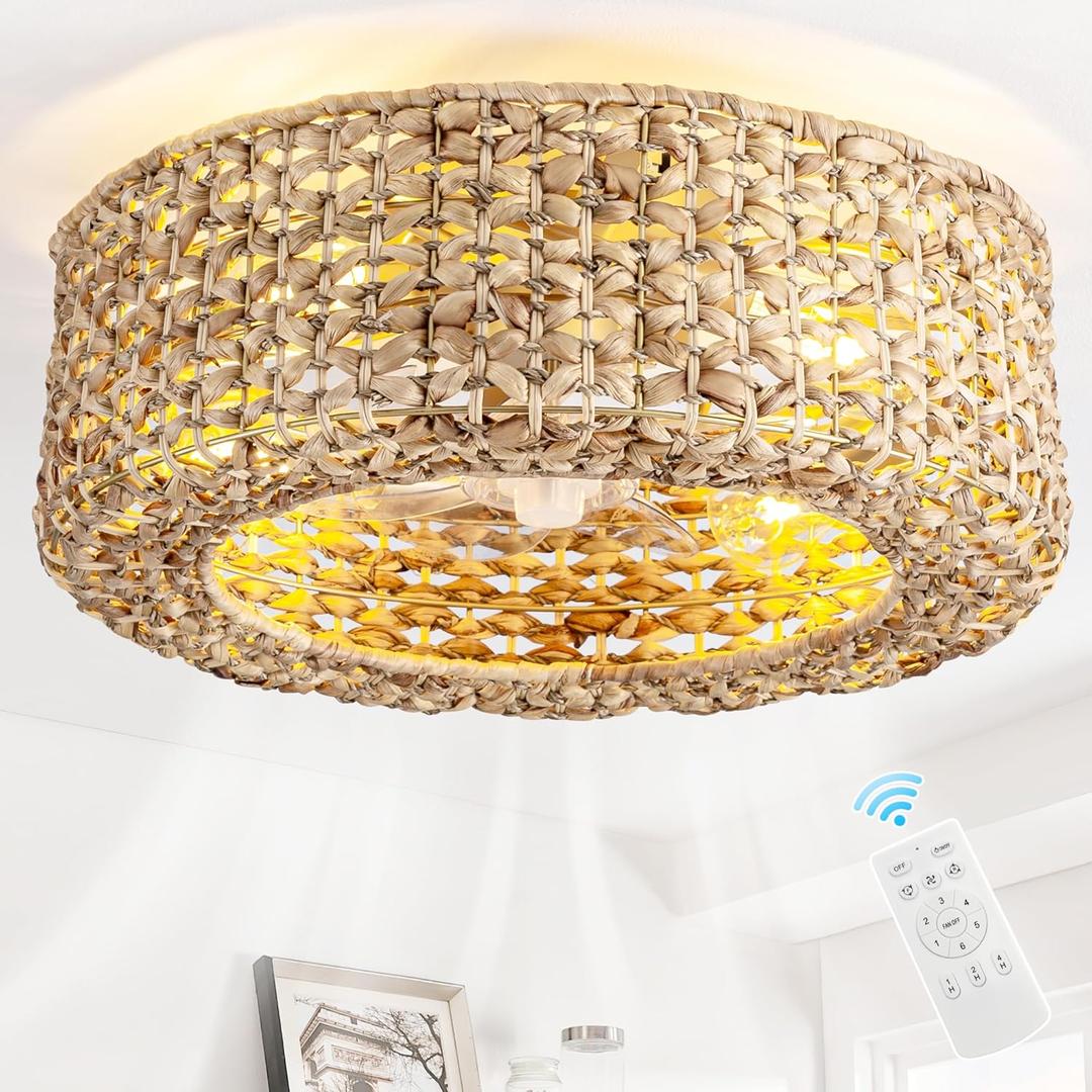 0139-4H Handwoven Rattan Boho Ceiling Fans with Lights Remote Control Flush Mount Fandelier Low Profile Caged for Bedroom,4-Light,20"