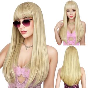 Blonde Wig with Bangs, Long Straight Wigs for Women Natural Hair Wigs Synthetic Blond Wigs for Girls Daily Party Halloween Cosplay Wig 22 Inch