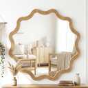 CozyDH Farmhouse Round Wood Mirror Decor - Wavy Circle Wall Mirror with Wooden Frame, Rustic Large 31.5" Natural Home Decor for Living Room, Entryway, Bedroom, Dining Room, Fireplace, Hallway