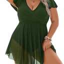Blooming Jelly Women's Plus Size Bathing Suit One Piece Swim Dress Tummy Control Swimsuits Ruffle V Neck Swimwear XL