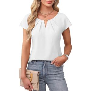 Blooming Jelly Womens Dressy Business Casual Tops Work Trendy Short Sleeve Shirts Summer Cute Pleated Blouses (X-Large, White)