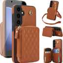 Phone Case for Samsung Galaxy S23 FE 5G Wallet Cell Cover with Tempered Glass Screen Protector Wrist Crossbody Strap Stand Lanyard RFID Blocking Credit Card Holder S 23 EF S23FE 23S Women Girls Brown