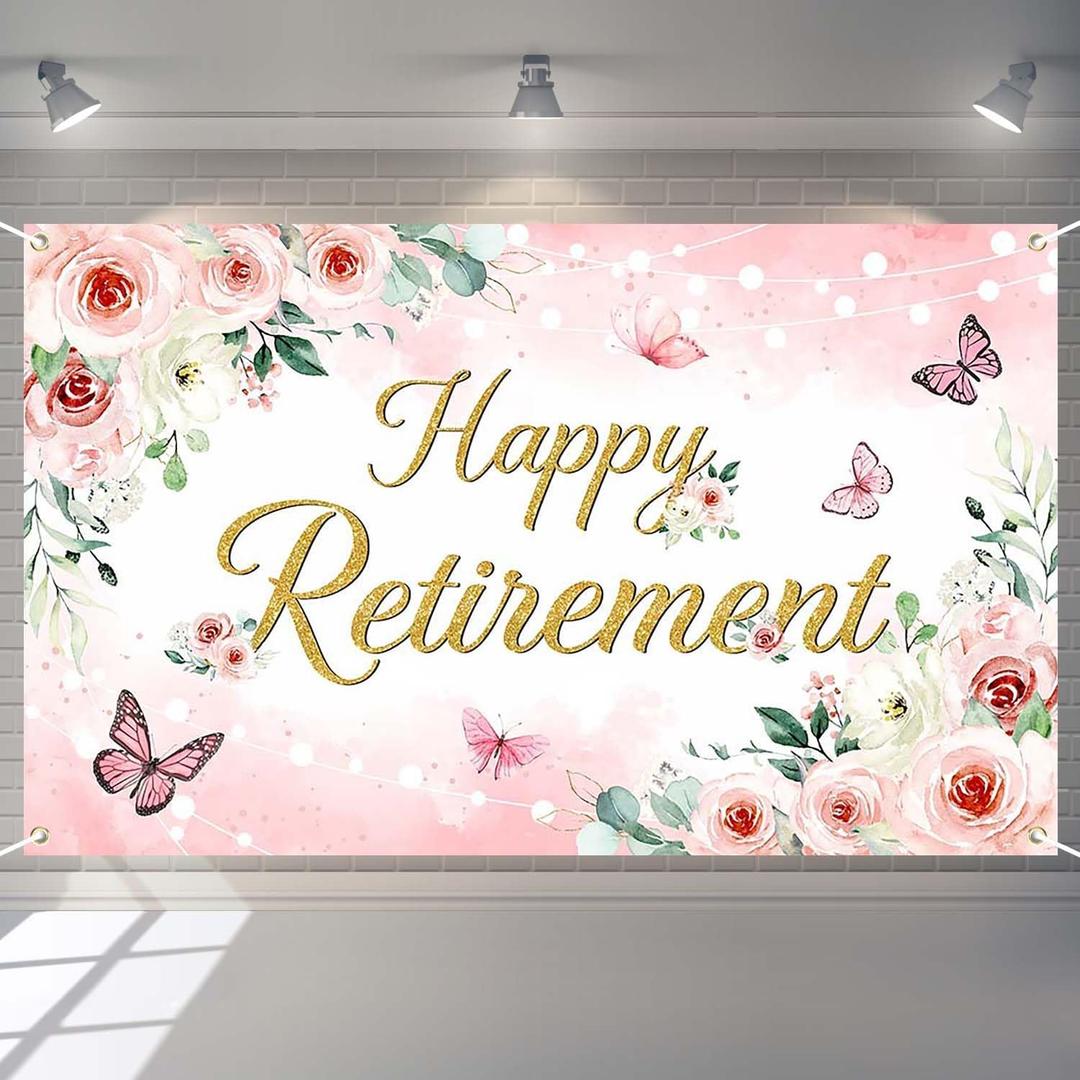 Blush Pink Floral Retirement Banner Watercolor Floral Gold Dots Photography Backdrop Elegant Women Happy Retirement Party Decorations Photo Booth Props (6x3.6ft)